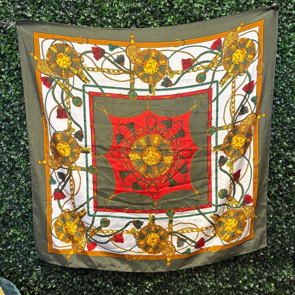 Hermes Lion Medallion Silk Scarf Olive green red gold  90cm square
